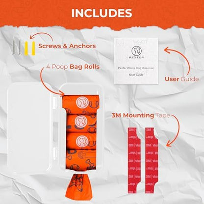 PEXTER Dog Poop Bag Dispenser - Outdoor or Indoor Pet Waste Bag Dispenser Station - Stick-On or Screw-On Wall Mount - Poop Bags Storage Outdoor Container - Includes 4 Doggie Bag Rolls (White) - Image 3