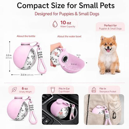 Portable Dog Water Bottle for Walking, 10oz Stainless Steel Pet Water Dispenser with Foldable Silicone Bowl, Leak-Proof Puppy Water Bottle for Small Dogs&Cats,Travel Hiking Outdoor Use(Pink Bow Print) - Image 4
