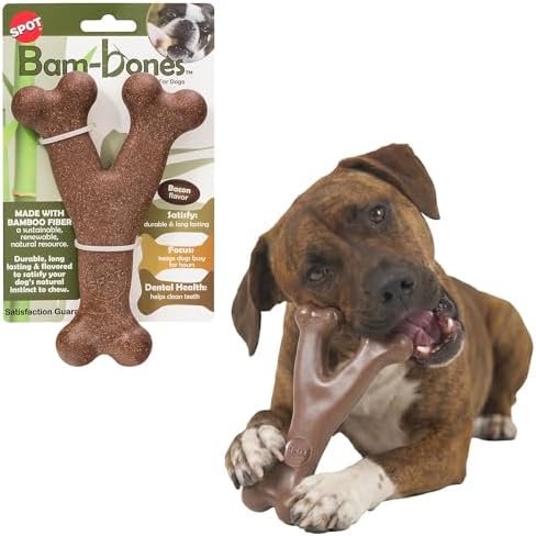 SPOT Bam-Bones Wishbone Dog Chew Toy, Bamboo Fiber Blend, Non-Splintering Durable Chew for Light to Moderate Chewers, Adult Dogs & Teething Puppies 25–50 lbs, Bacon Flavor, 7 in by SPOT