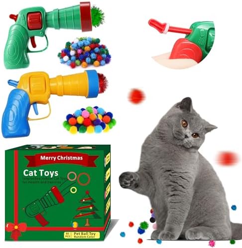 82Pcs Cat Toys Gun Launcher,Cat Toy Ball Launcher Gun，Cat Toy Launchers，Low Noise Interactive Cat Ball Launcher Gun，30 Pcs Sparkle Pom Pom Balls for 50Pcs Pom Pom Balls by Unknown