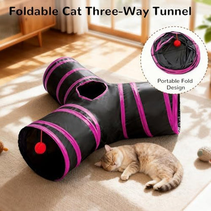 Tempcore Cat Tunnel, 3-Way Collapsible Toy for Indoor Cats, Black & Red - Image 4