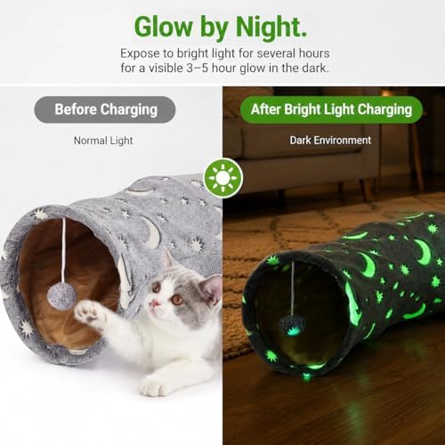 Cat Tube Tunnel with Plush Ball Toys Collapsible Self-Luminous, for Cat Small Pets Bunny Rabbits, Kittens, Ferrets,Puppy and Dogs Grey Moon Star 3 Way - Image 2
