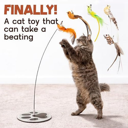 Bird Toy for Cats - 5 Pack Natural Feathers Stable Round Base - Interactive Wand Teaser - Self Play Hunting Enrichment - Bored Indoor Adult Feline Activity - Stimulating Kitten Juguetes para Gatos - Image 2