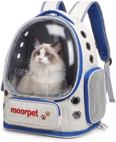 Cat Backpack Carrier, Transparent & Foldable Bubble Pet Backpack for Cats and Dogs, Breathable Kitten Carrier with Side Mesh and Pocket, Portable Travel Bag for Hiking, Walking, Vet (Blue) by HEKEDES