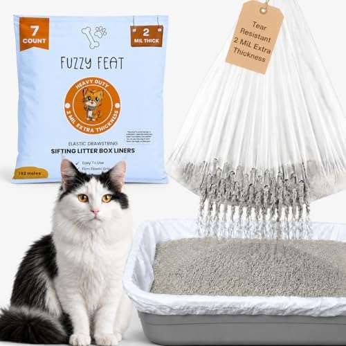 Elastic Sifting Litter Box Liners Extra Large — 7 Count — 41" x 20" Cat Litter Sifting Bags Scratch Resistant Waterproof Drawstring — Fits XL/XXL/Jumbo Litter Boxes — 2 Mil Thick by FuzzyFeat