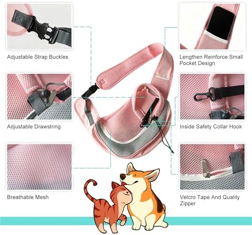 Dog Sling Carrier, Up to 5 lbs, Breathable Mesh Hand-Free Bag for Small Dogs Cat for Traveling, Hiking, Medium, Pink - Image 3