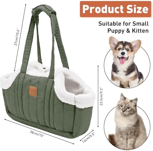 ETIAL Small Dog Carrier Purse, Winter Fleece Warm Dog Tote Bag Carrier with Secure Harness Clip for Puppy Kitten, Waterproof Pet Travel Handbag for Shopping, Hiking and Walking (Green) - Image 2