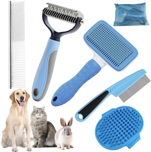 Dog Brush for Shedding,6 PCS in One Pet Slicker Hair Brush Kit Organizer Bag - Dog Cat Grooming Deshedding Undercoat Rake Brush Comb for All Small Large Dogs Cats Blue by KUEIOX