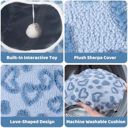 Cat Tunnel Bed, Cute Cat Tunnel Toy with Washable Cushion, Fits Indoor Cats up to 25 lbs, Cute Peekaboo Cave Pet Bed for Kittens, Rabbits, Blue Heart - Image 2
