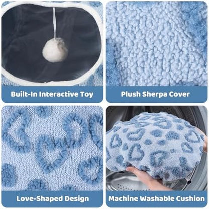 Cat Tunnel Bed, Cute Cat Tunnel Toy with Washable Cushion, Fits Indoor Cats up to 25 lbs, Cute Peekaboo Cave Pet Bed for Kittens, Rabbits, Blue Heart - Image 2