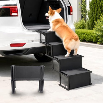 Dog Stairs for Large Dogs,4-Step Foldable Dog Ramp for Car with Non-Slip Surface & Oxford Fabric,Portable & Lightweight Pet Stairs for SUV,Truck,Bed & Couch,Supports up to 132 lbs (Black) by LoopTime
