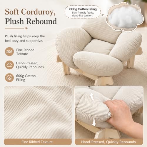 Wooden Elevated Cat Bed, Pet Sofa Furniture with Washable Cushion (Beige) - Image 3