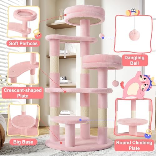 Allewie 55.5 in Cat Tree for Indoor Kitties/Soft Plush Perches/Multi-Level Cat Tower/Sisal Scratching Posts/Crescent Plates/Round Jumping Board/Hanging Ball/Pet Activity Center/Pink - Image 4