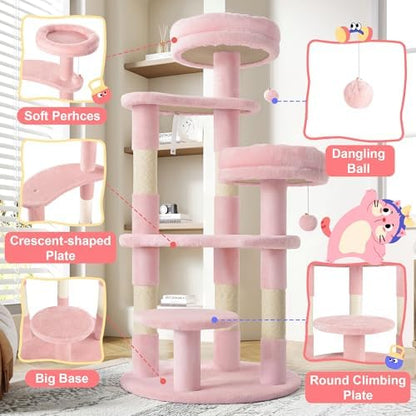 Allewie 55.5 in Cat Tree for Indoor Kitties/Soft Plush Perches/Multi-Level Cat Tower/Sisal Scratching Posts/Crescent Plates/Round Jumping Board/Hanging Ball/Pet Activity Center/Pink - Image 4