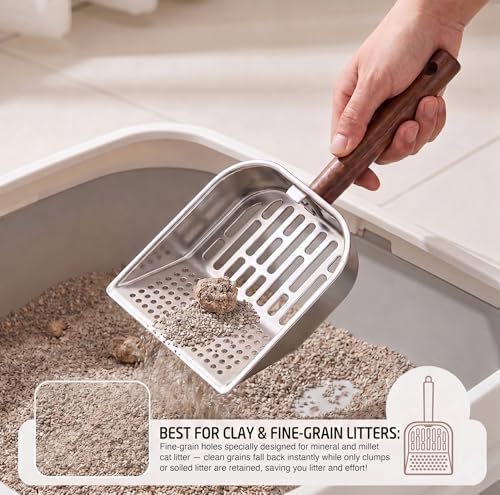 Ergonomic Wood Handle Cat Sifter Scoop, Metal Kitty Litter Shovel with Small Mesh Holes for Tiny Clumps, Durable Stainless Steel Sifter for Clay & Fine Sand Litter - Image 2