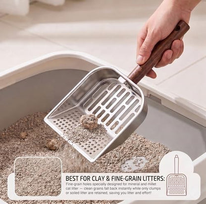 Ergonomic Wood Handle Cat Sifter Scoop, Metal Kitty Litter Shovel with Small Mesh Holes for Tiny Clumps, Durable Stainless Steel Sifter for Clay & Fine Sand Litter - Image 2
