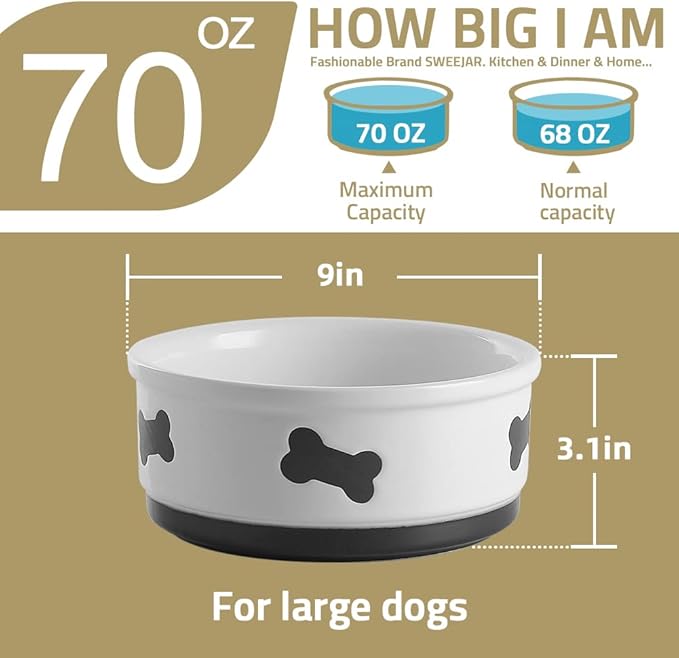 Sweejar Ceramic Dog Bowls with Bone Pattern, Dog Food Dish for Large Dogs, Porcelain Pet Bowl for Water 70 Fl Oz (Turquoise)