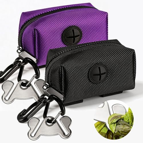 Dog Waste Bag Dispenser Pet Poop Bags Holder for Doggie Waste Bags Dispensers Soft Fabric Zipper Small Doggy Puppy Pouch for Leash Accessory Attachment with Carrier,2PCS Purple&Black by Hilihali