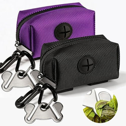 Dog Waste Bag Dispenser Pet Poop Bags Holder for Doggie Waste Bags Dispensers Soft Fabric Zipper Small Doggy Puppy Pouch for Leash Accessory Attachment with Carrier,2PCS Purple&Black by Hilihali
