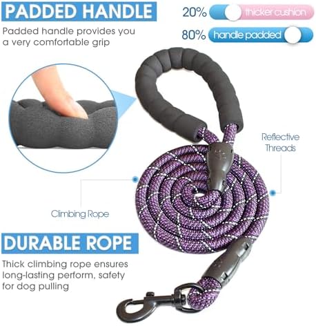 BAAPET 2/4/5/6 FT Dog Leash with Comfortable Padded Handle and Highly Reflective Threads for Small Medium and Large Dogs (5FT-1/2'', Black Purple) - Image 2