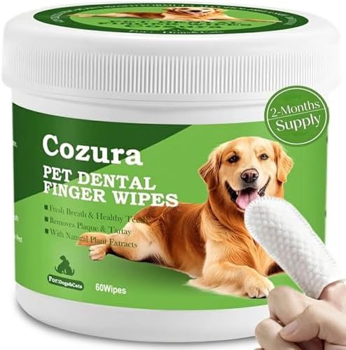 Dog Dental Wipes for Teeth Cleaning - Removes Plaque & Tartar, Effective Toothbrush & Toothpaste Alternative Kit Finger Pet Dental Care Pads, Fresh Breath for Dogs & Cats - 60ct, Unscented by COZURA