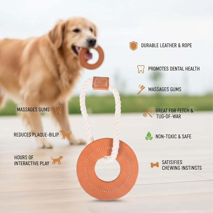 Natural Suede Leather and Rope Dog Chew Toy, Circle Shape Interactive Pet Toy for Medium to Large Dogs, Durable Design for Daily Chewing, Tug Play and Training Use