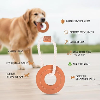 Natural Suede Leather and Rope Dog Chew Toy, Circle Shape Interactive Pet Toy for Medium to Large Dogs, Durable Design for Daily Chewing, Tug Play and Training Use