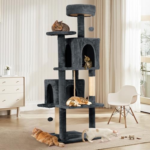 58.5inch Large Cat Tree Tower Condo for Indoor Cats, Soft Plush Multi-Level Climbing Tree Cat House with Cat Cave, Scratching Post, More Entrance/Exit, Sisal Rope, Deep Grey - Image 6