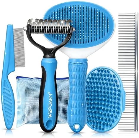 5-in-1 Dog Grooming Kit with Self Cleaning Brush & Rake, Blue by WOPQAEM%C2%AE