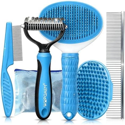 5-in-1 Dog Grooming Kit with Self Cleaning Brush & Rake, Blue by WOPQAEM%C2%AE