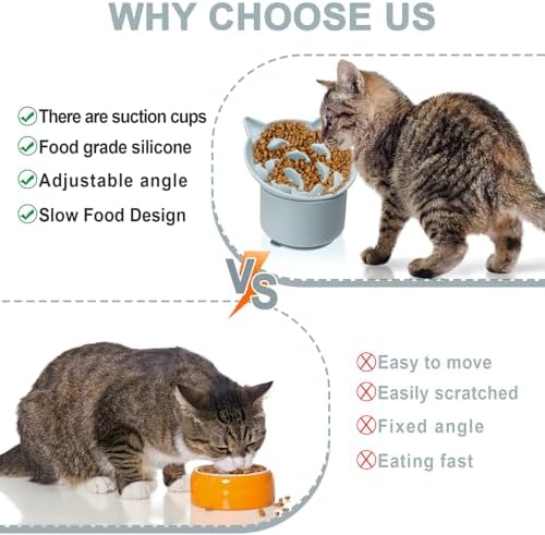 Silicone Cat Slow Feeder, Elevated Slow Feeder Bowl Tilt Design, Suitable for Dry and Wet Food, Adjustable Angle, Cat Food Puzzle with Suction Cup(Gray) - Image 6