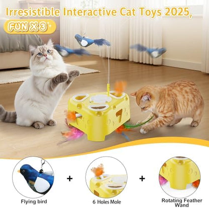 Automatic Cheese-Shaped Interactive Cat Toy – Flying Bird, 6-Hole Mole & Rotating Feather | USB Rechargeable Electronic Feather Toy for Indoor Adult Cats & Kittens, Relieves Boredom - Image 2