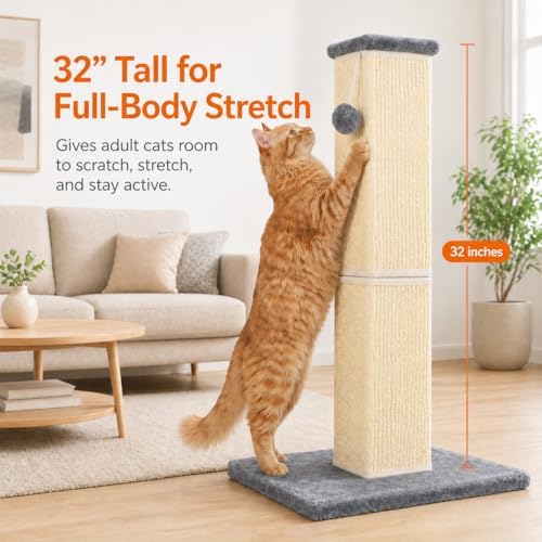 Cat Scratching Post for Indoor Cat, 32 Inch Large Cat Scratcher Grey - Image 2