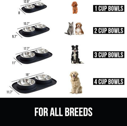 GORILLA GRIP Feeding Mat Bowl Set, 3 Cup 100% Waterproof BPA Free Silicone Base, 304 Stainless Steel Cat and Dog Bowls for Food and Water, Slip Resistant, High Edge, US Designed, Patent Pending, Black