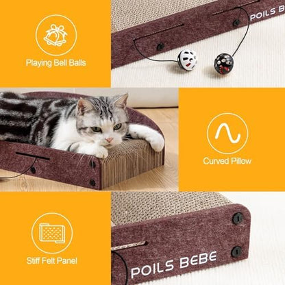 Poils Bebe 26 Inch Sofa Cat Scratcher, Small Cat Scratcher Cardboard with Bell Balls, Durable Couch Lounger for Indoor Cats, Cat Scratch Furniture Protector with Catnip, Cat Toys - Image 4