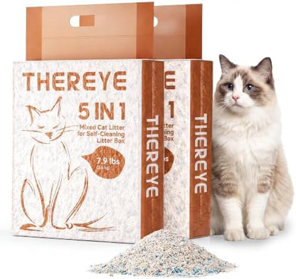 Thereye 5-in-1 Mixed Cat Litter, Upgraded for Automatic Litter Box, Fast Clumping, Ultra Absorbent, Dust-Free Natural Clumping Cat Litter, Odor Control, Non-Sticky for Multi-Cat Households (7.9lbs*2) by THEREYE