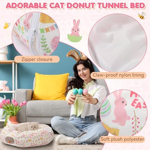 Aliceset Easter Bunny Cat Tunnel Bed for Indoor Cats 3ft x 3ft x 10in Foldable Cat Donut Tunnel with Washable Cushion Easter Rabbit Peekaboo Cave Toy for Small Kitten Kitty - Image 3
