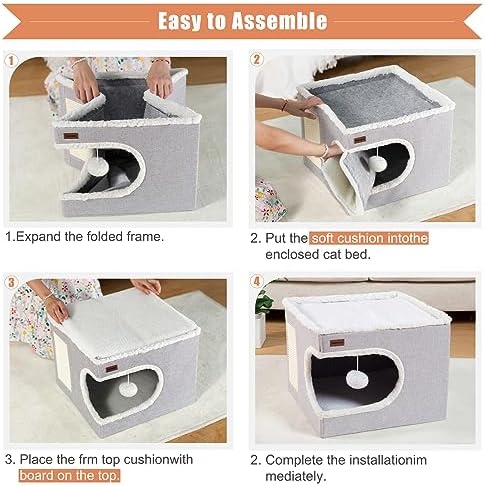 Garnpet Cat Bed for Indoor Cats Cube House, Covered Cat Cave Beds & Furniture with Scratch Pad and Hideaway Tent, Cute Modern Cat Condo for Multi Small Pet Large Kitten Kitty, Grey - Image 4