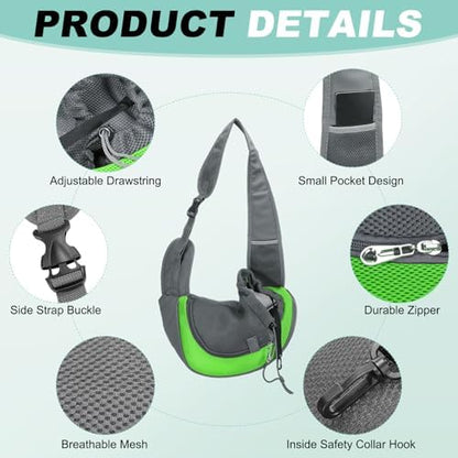 Dog Sling Carrier for Small Pet Up to 13.2 lbs Hand-Free Drawstring Pet Sling Carrier with Safety Hook & Adjustable Strap, (Green, 1 Pcs) Intended for Hiking and Camping - Image 3