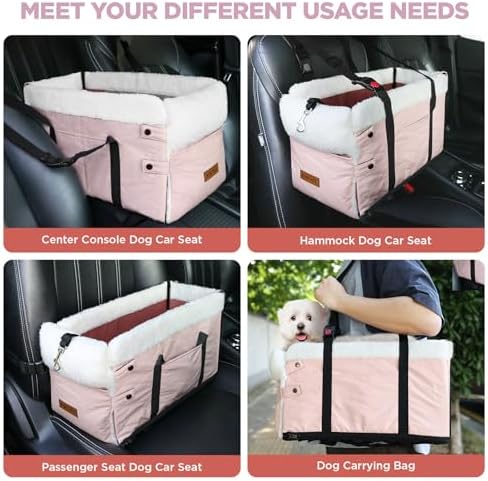 Center Console Dog Car Seat for Small Dogs,PU Leather Small Dog Car Booster Seat,Washable Foldable with Safe Protection Hooks Adjustable Straps and Storage Pocket Pet Up to 15lbs-Pink - Image 7