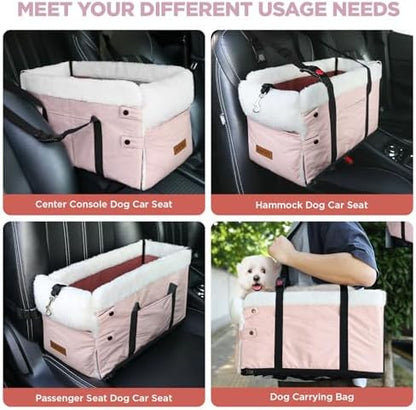 Center Console Dog Car Seat for Small Dogs,PU Leather Small Dog Car Booster Seat,Washable Foldable with Safe Protection Hooks Adjustable Straps and Storage Pocket Pet Up to 15lbs-Pink - Image 7