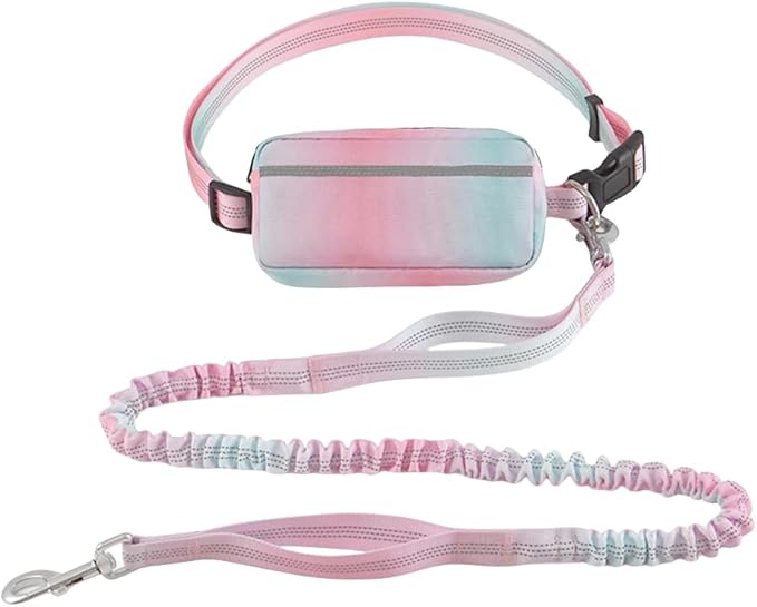 Hands Free Dog Leash with Zipper Pouch, Dual Handles and Durable Reflective Bungee for Walking, Jogging and Running Medium Large Dog (Pink+Cyan)