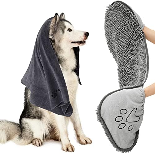 HOMEIDEAS 2 Pack Dog Towels Set, Chenille and Microfiber, Super Absorbent Soft Bath Shammy Towel with Hand Pockets for Pets Drying by HOMEIDEAS