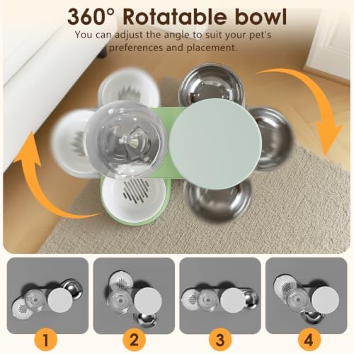 2 in 1 Automatic Gravity Cat Dog Feeder and Water Dispenser with 304 Stainless Steel Bowls, 360 Degree Rotatable Auto Food with 2 Specialized Brushes for Small Medium Pet Dog Puppy Kitten (Green) - Image 4