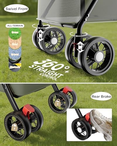 GTPLAYER Foldable Pet Stroller for Small Dogs and Cats, Holds Up to 33 lb, 4-Wheel Stroller with 2 Safety Tethers, Breathable Mesh, Lockable Front Wheels, Cup Holder/Tray & Storage Pocket, Dark Green - Image 3