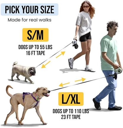 Award-Winning Retractable Dog Leash for Small and Medium Dogs (Max 55 lbs), Clip & Go System with Reflective Tape and Ergonomic Handle, Includes Clips, Poop Bag Holder and Dispenser, Black