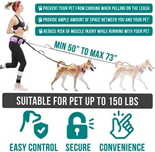 PetAmi Hands Free Dog Leash, Running Leash Belt Bag for Walking, Jogging, Waist Double Zipper Pouch with Poop Dispenser, Dual Padded Handles Reflective Bungee Double, Purple, 2 Leashes - Image 5