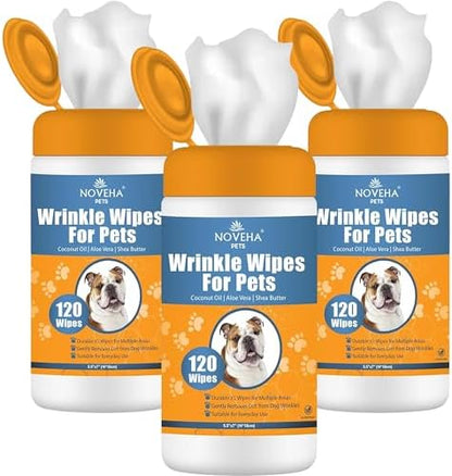 NOVEHA 5”x7” Large Dog Wipes | Wipes for Bulldog, French Bulldog, Pug, English Bulldog | Deodorizing, for Multiple Areas Removes Dirt, Wrinkles, Folds, Tear Stain, Tail Pocket & Paws (3PK-120 Counts) by NOVEHA