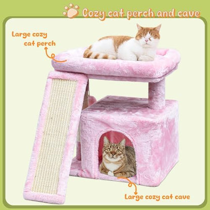 Small Pink Cat Tree for Indoor Cats, Cute Cat Tower with Perch, Condo, House and Stable Stand for Kittens & Adult Pets（Pink） - Image 2