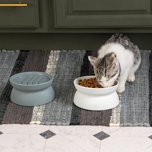 Kitty City Elevated Slow Feeder Cat Bowls (Set of 2), Whisker-Friendly Raised Cat Food Dishes with Ridges, Helps Reduce Fast Eating & Digestion Issues, Dishwasher Safe, 10.8 oz – White & Gray - Image 3